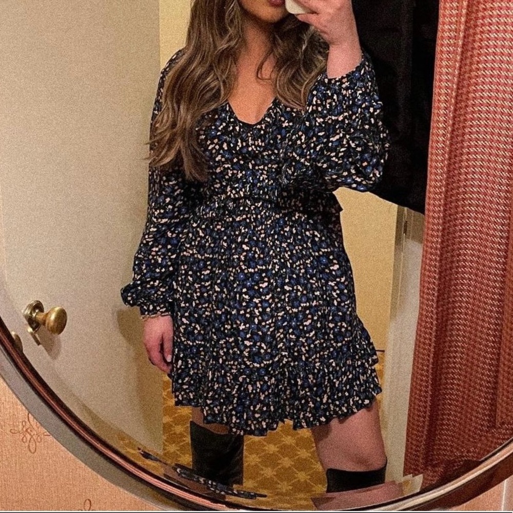 zara floral print long sleeve mini dress with side zip